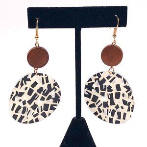 Boho Statement Earrings Wood & Black White Mosaic Lightweight Dangle Drop